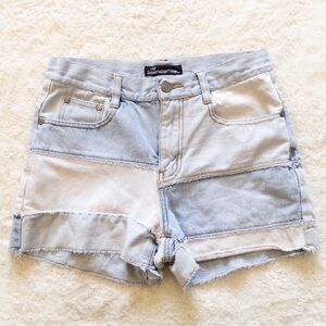 No Boundaries Women's Blue and White Patchwork Shorts Vintage